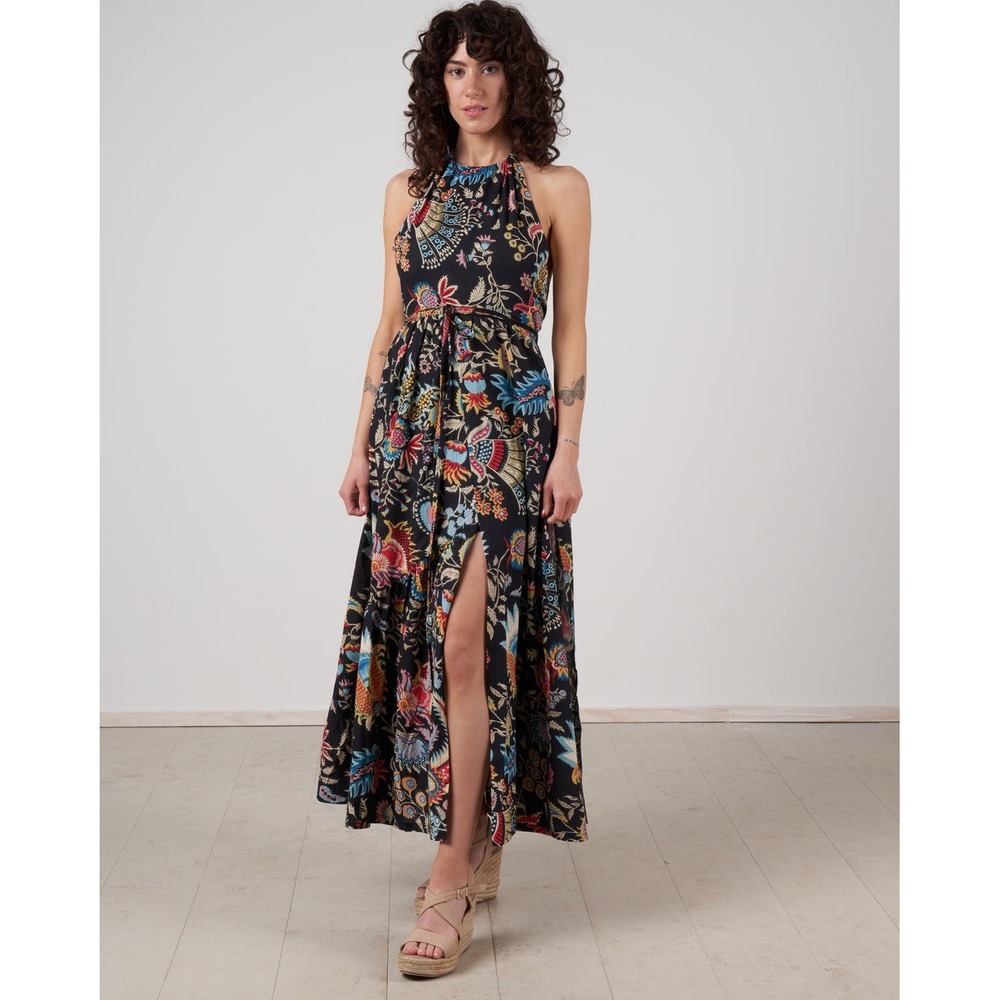 Rachel Comey Halter Maxi Dress Black Multi Floral Paisley Cotton‎ Size 10 EUC